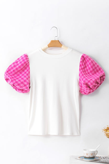 Contrast Tweed Puff Sleeve Top | White