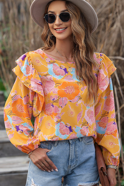 Floral Print Ruffle Puff Sleeve Blouse | Ginger