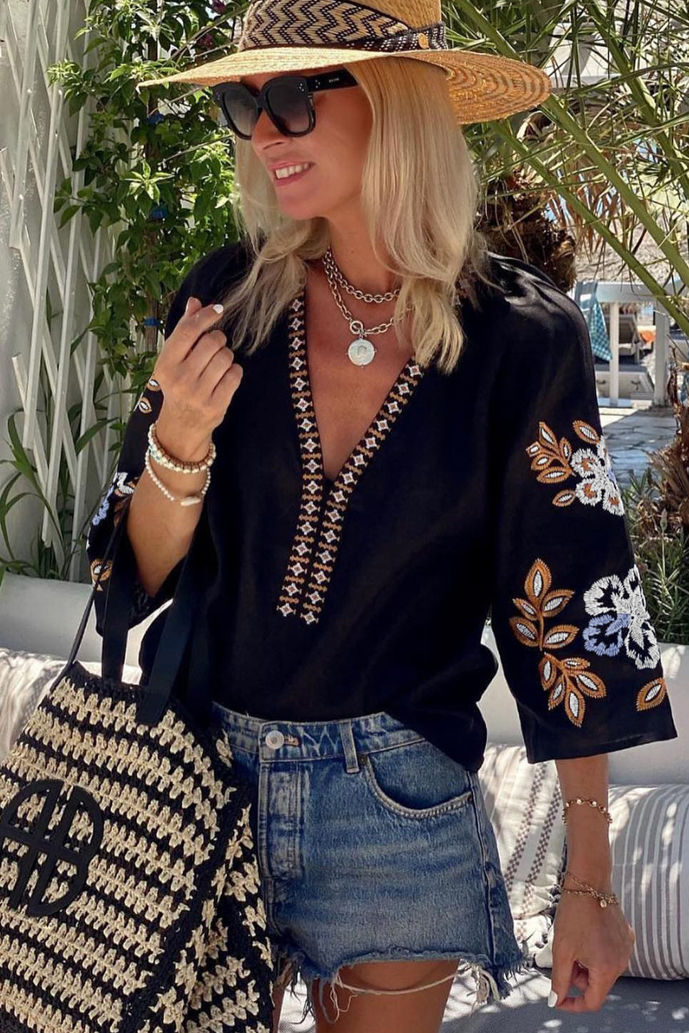 Bohemian Floral Embroidered V Neck Blouse | Black