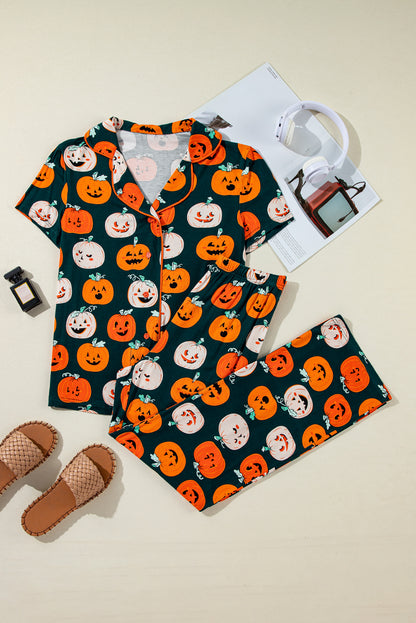 Halloween Pattern Short Sleeve Shirt Pajama Set | Orange