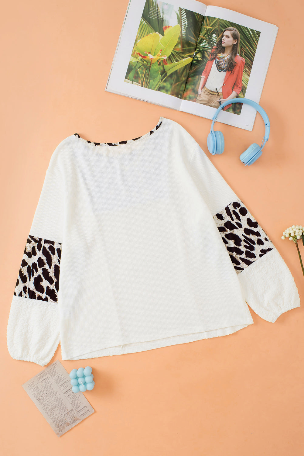 Leopard Patch Puff Sleeve Textured Blouse | White