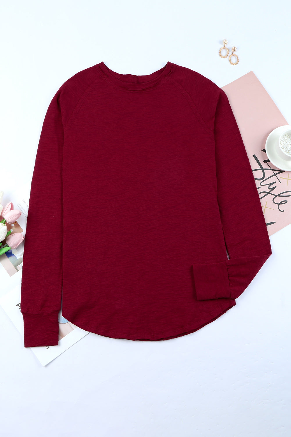 Fiery  Solid Crew Neck Long Sleeve Top | Red