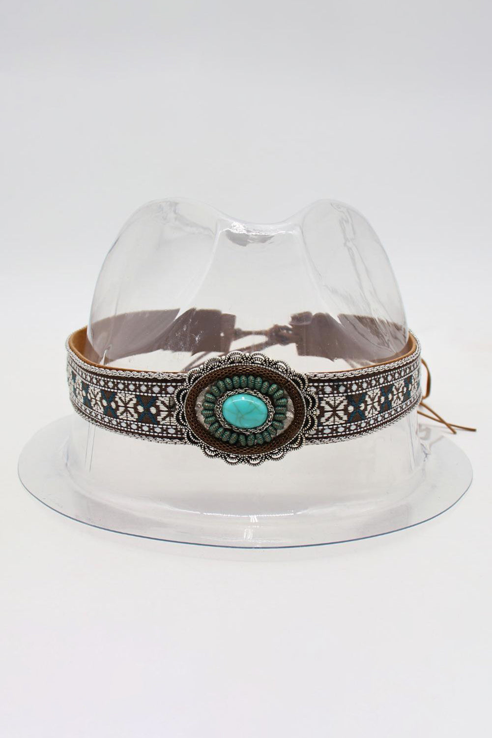 Western Pattern Turquoise Decor Lace-Up Pu Leather Hat Band | Light Blue