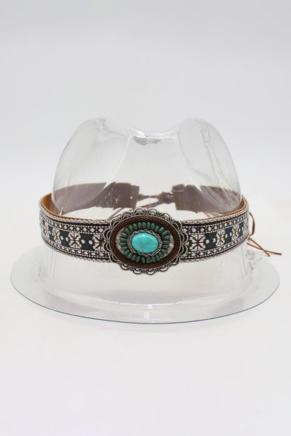 Western Pattern Turquoise Decor Lace-Up Pu Leather Hat Band | Light Blue