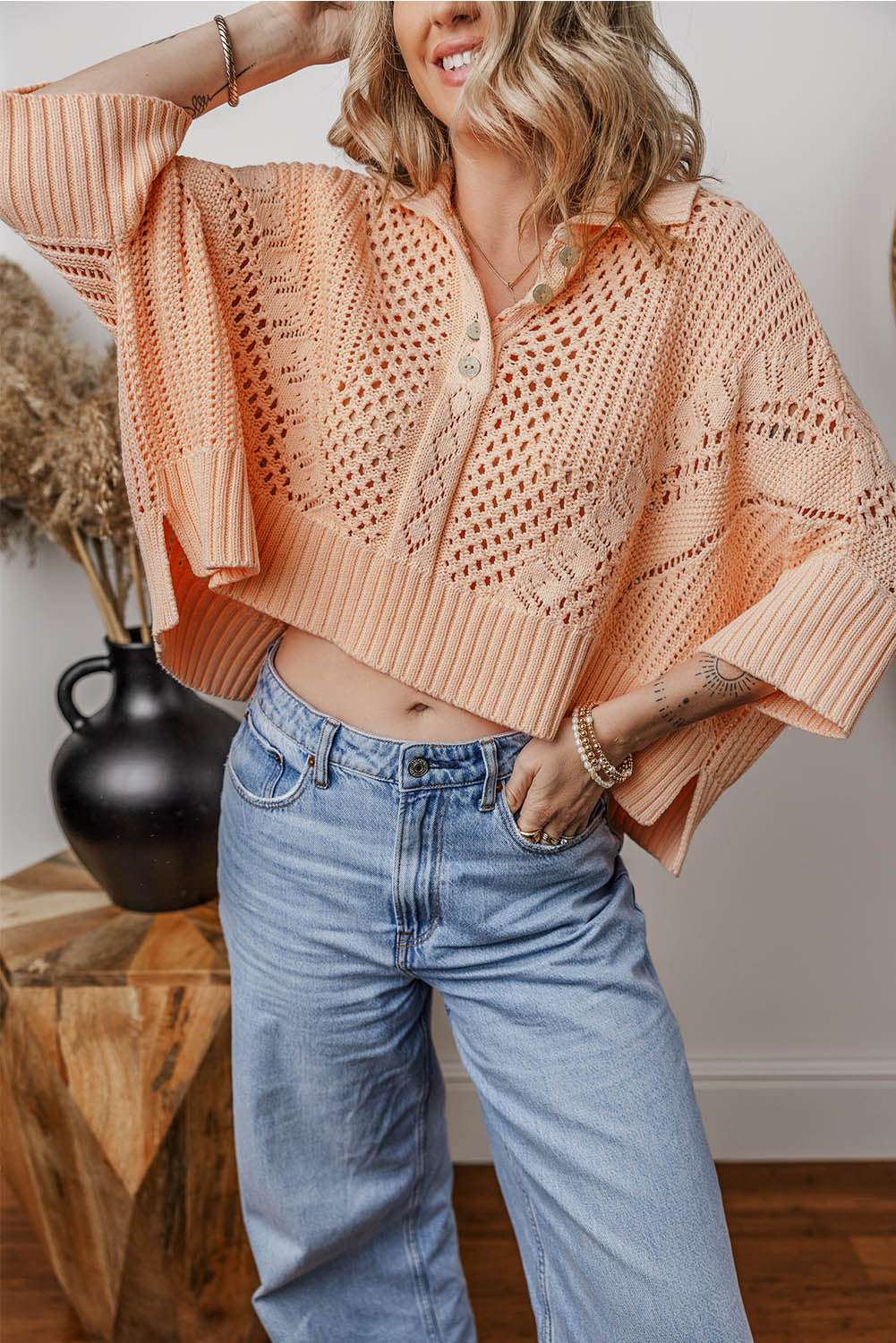 Hollowed Knit 3/4 Dolman Sleeve Buttoned Collared Sweater | Apricot Pink