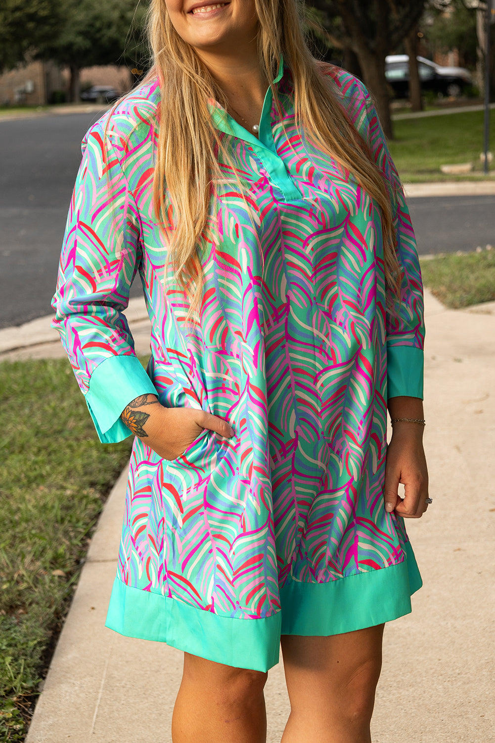 Plus Size Palm Pattern Long Sleeve Shift Dress | Green