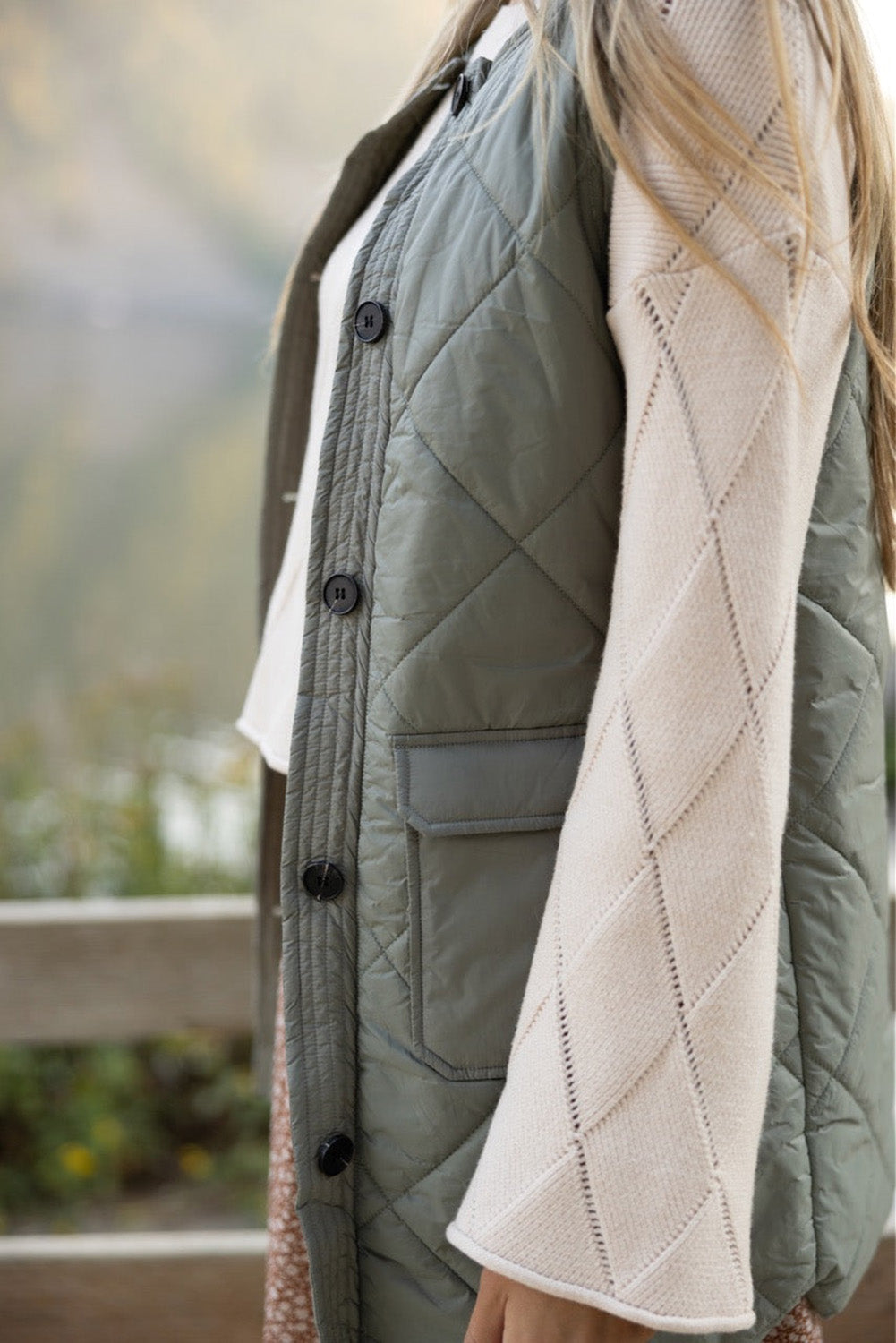 Quilted Long Vest Jacket With Pockets | Grass Green