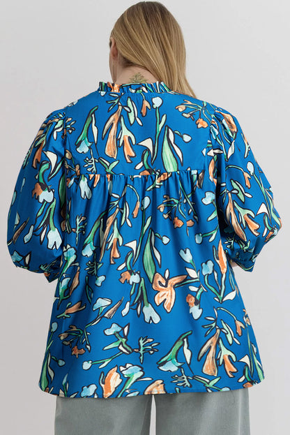 Floral Notched V Neck Half Sleeve Plus Size Blouse | Blue