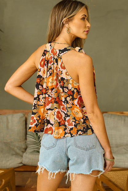 Floral Print Knotted Halter Neck Sleeveless Top | Orange