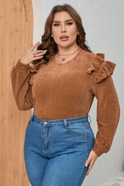 Plus Size Solid Ruffled Tiered Long Sleeve Top | Brown