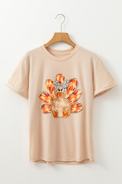 Thanksgiving Bowknot Turkey Graphic Crewneck Tee | Khaki