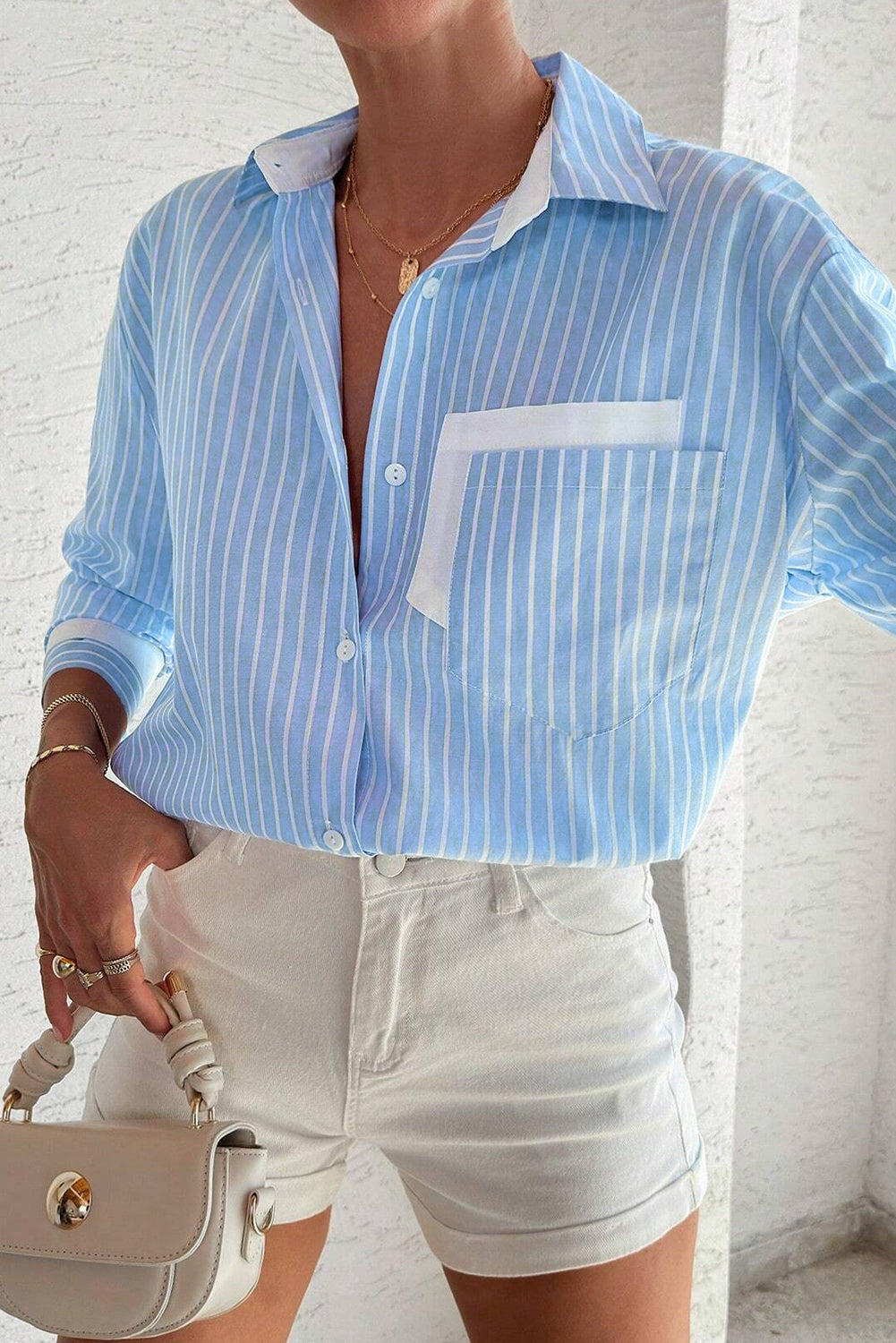 Contrast Patch Pocket Cuffed Sleeve Casual Shirt | Sky Blue Stripe