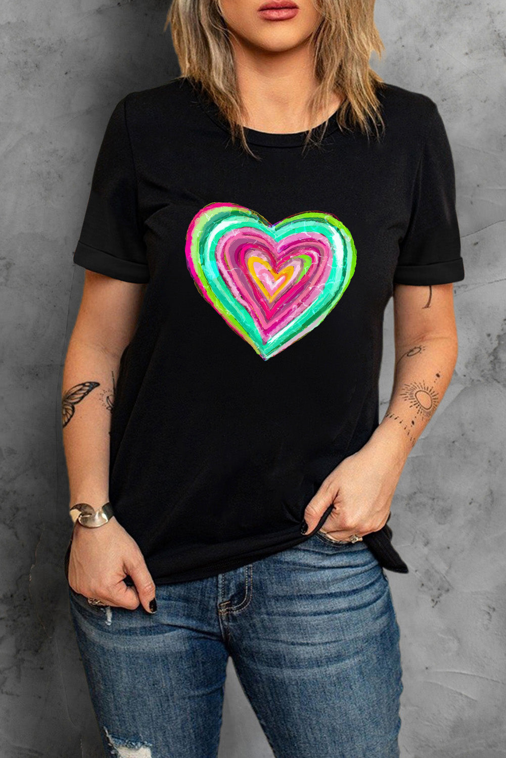 Valentine Heart Shaped Print Crew Neck T Shirt | Black