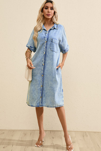 Loose Medium Wash Short Sleeve Shirt Chambray Dress | Light Blue