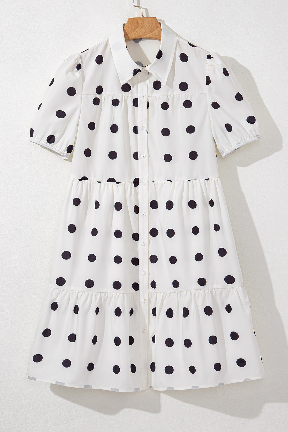 Polka Dot Print Short Sleeve Collar Buttoned Tiered Babydoll Dress | White