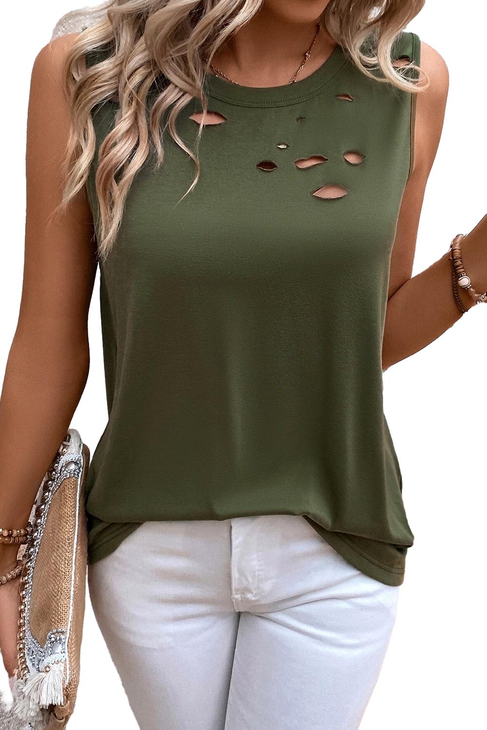 Solid Colour Distressed Holes Crew Neck Tank Top | Jungle Green