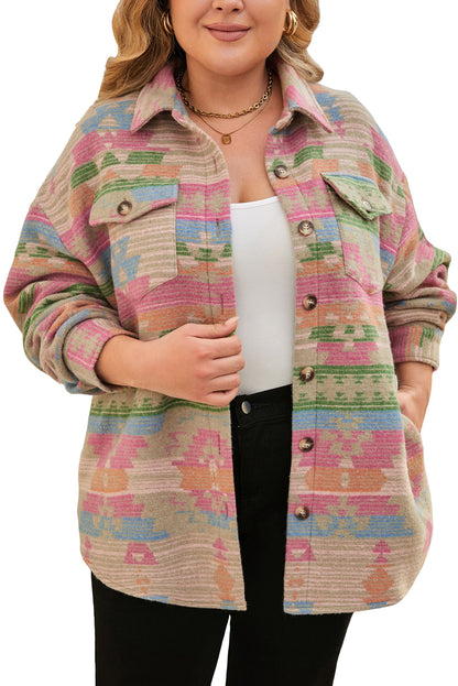 Plus Size Flap Pockets Aztec Print Jacket | Multicolour