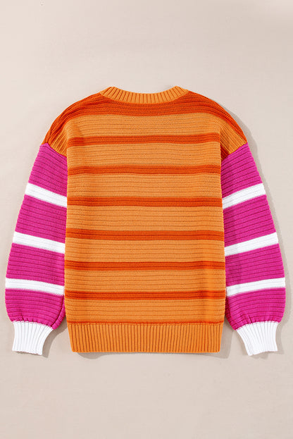 Colourblock Crew Neck Drop Shoulder Loose Sweater | Orange Stripe