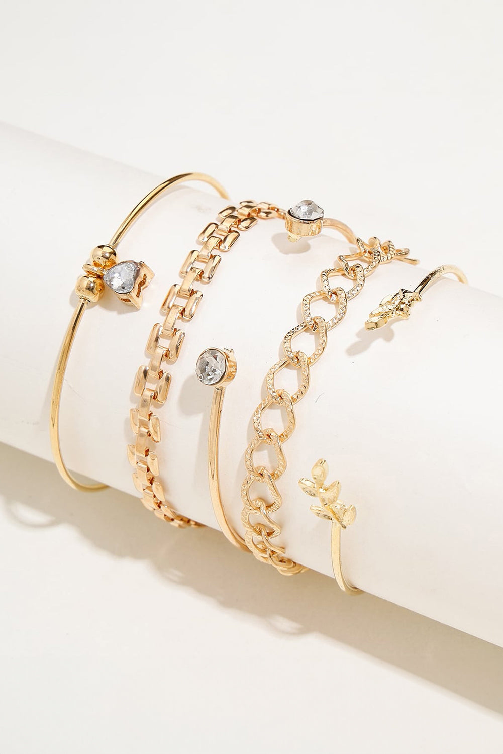 Leaves Heart Shape Rhinestone Inlay Adjustable Bracelet Set | Gold