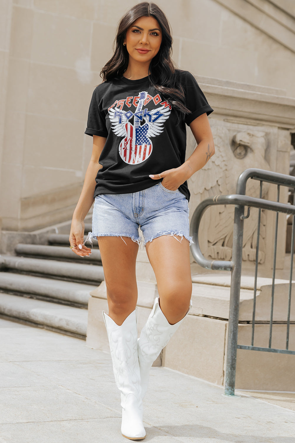 American Flag Guitar Print Crew Neck Tee | Black