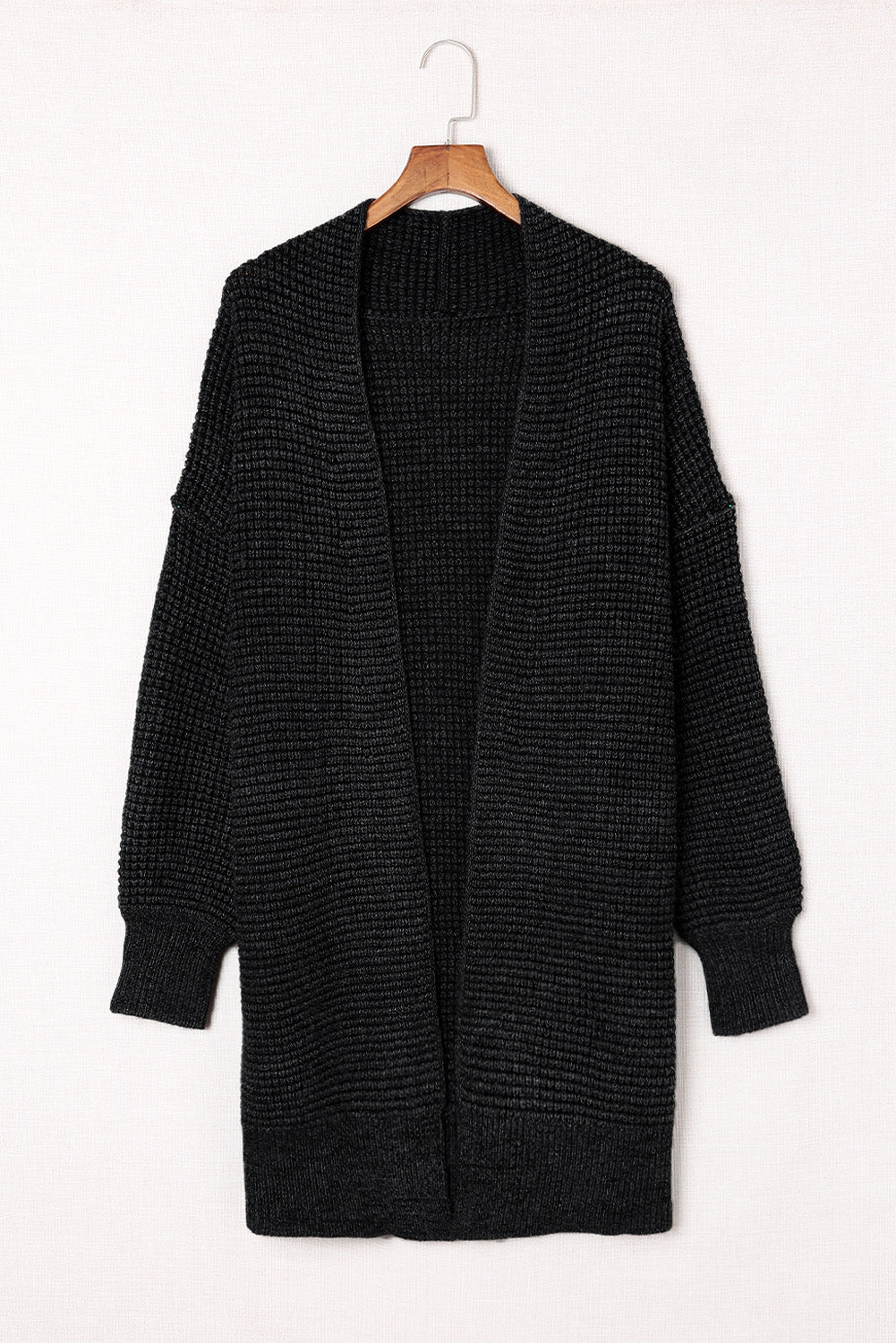 Plaid Knitted Long Open Front Cardigan | Black