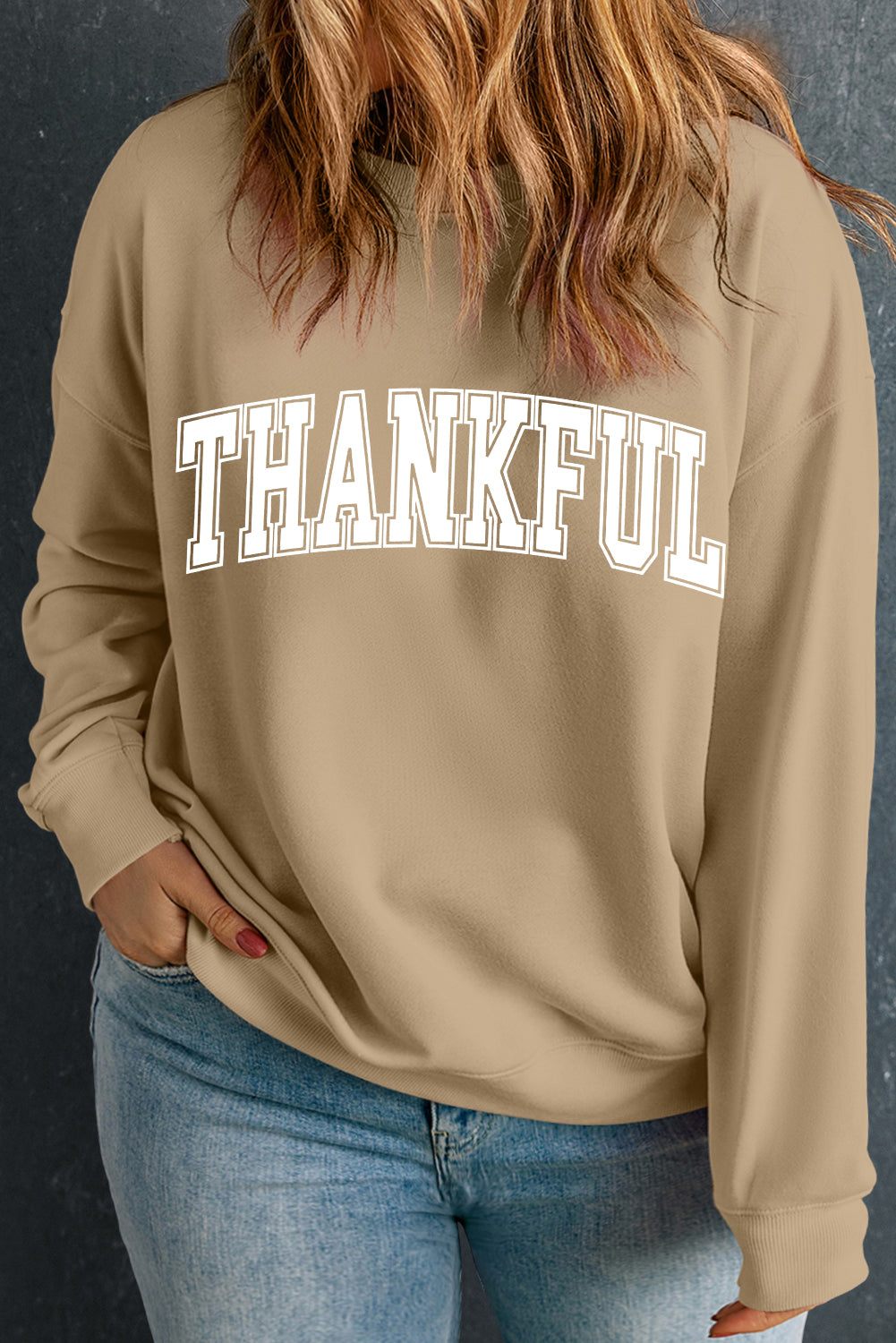 Apricot Plus Size THANKFUL Graphic Sweatshirt for Thanksgiving