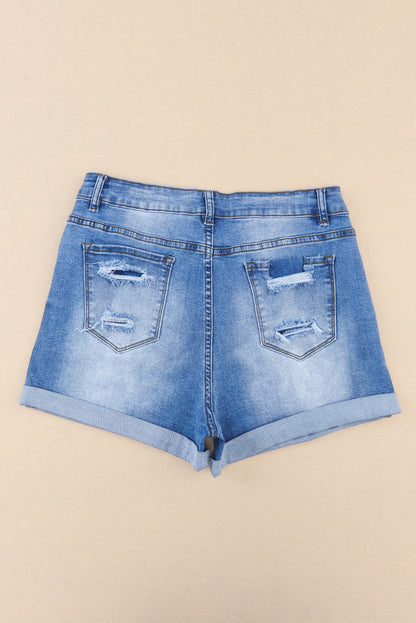 Vintage Distressed High Waist Pocket Denim Shorts | Sky Blue