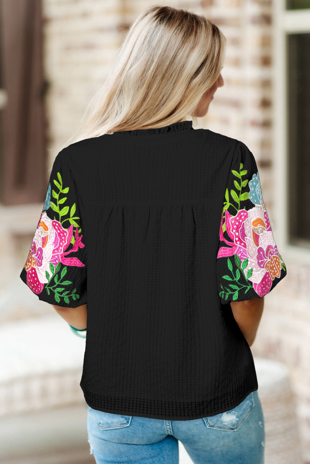 Floral Embroidered Puff Sleeve Notched Neck Blouse | Black