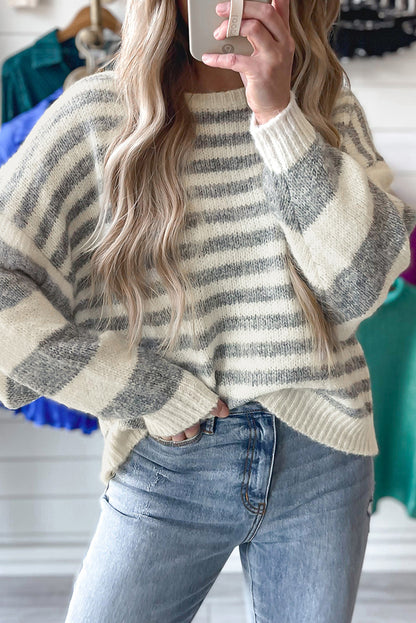 Drop Shoulder Crew Neck Sweater | Gray Stripe