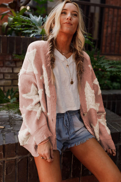 Sherpa Star Pattern Textured Sweater Cardigan With Pockets | Pink