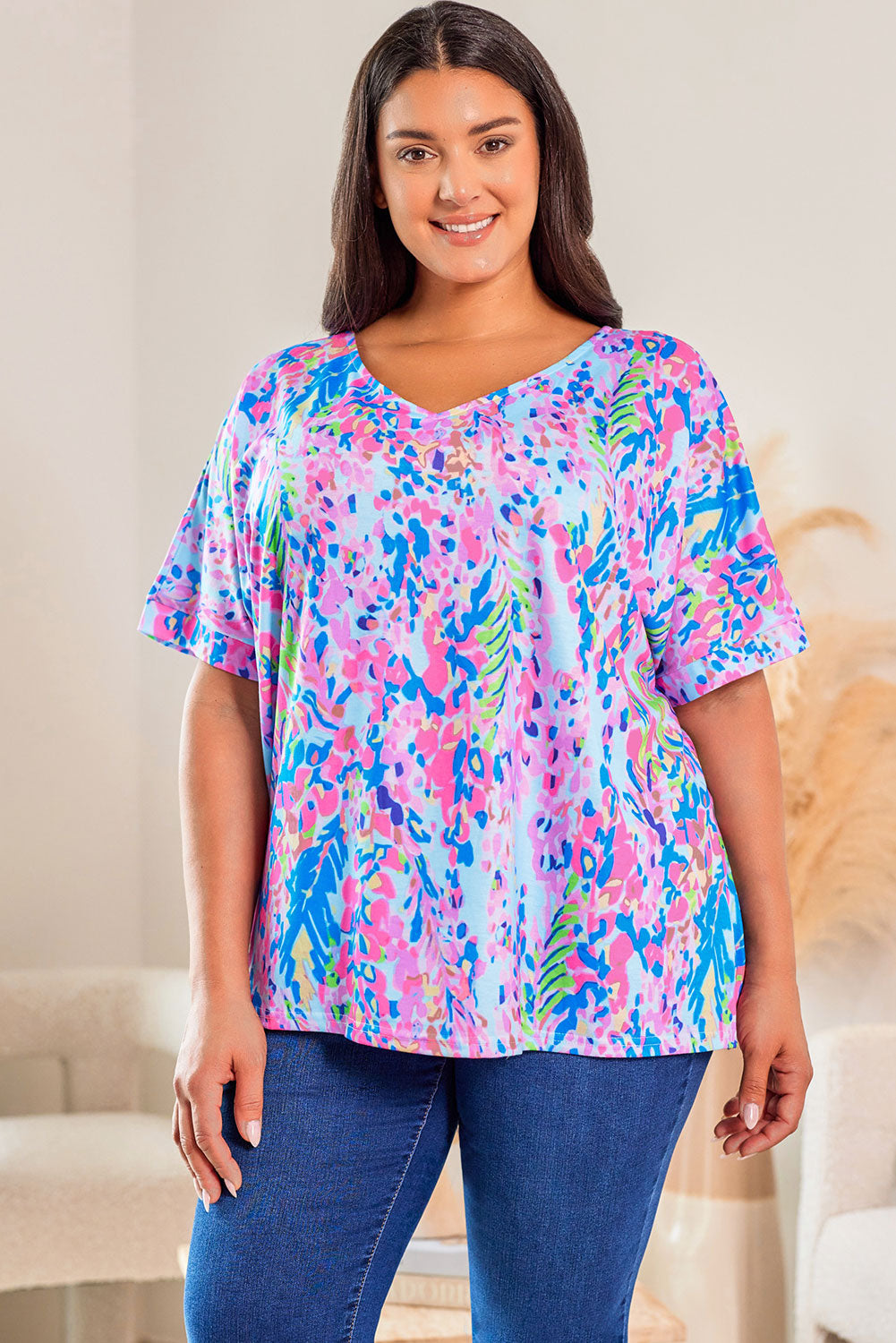 Plus Size Plant Print V Neck T-Shirt | Sky Blue