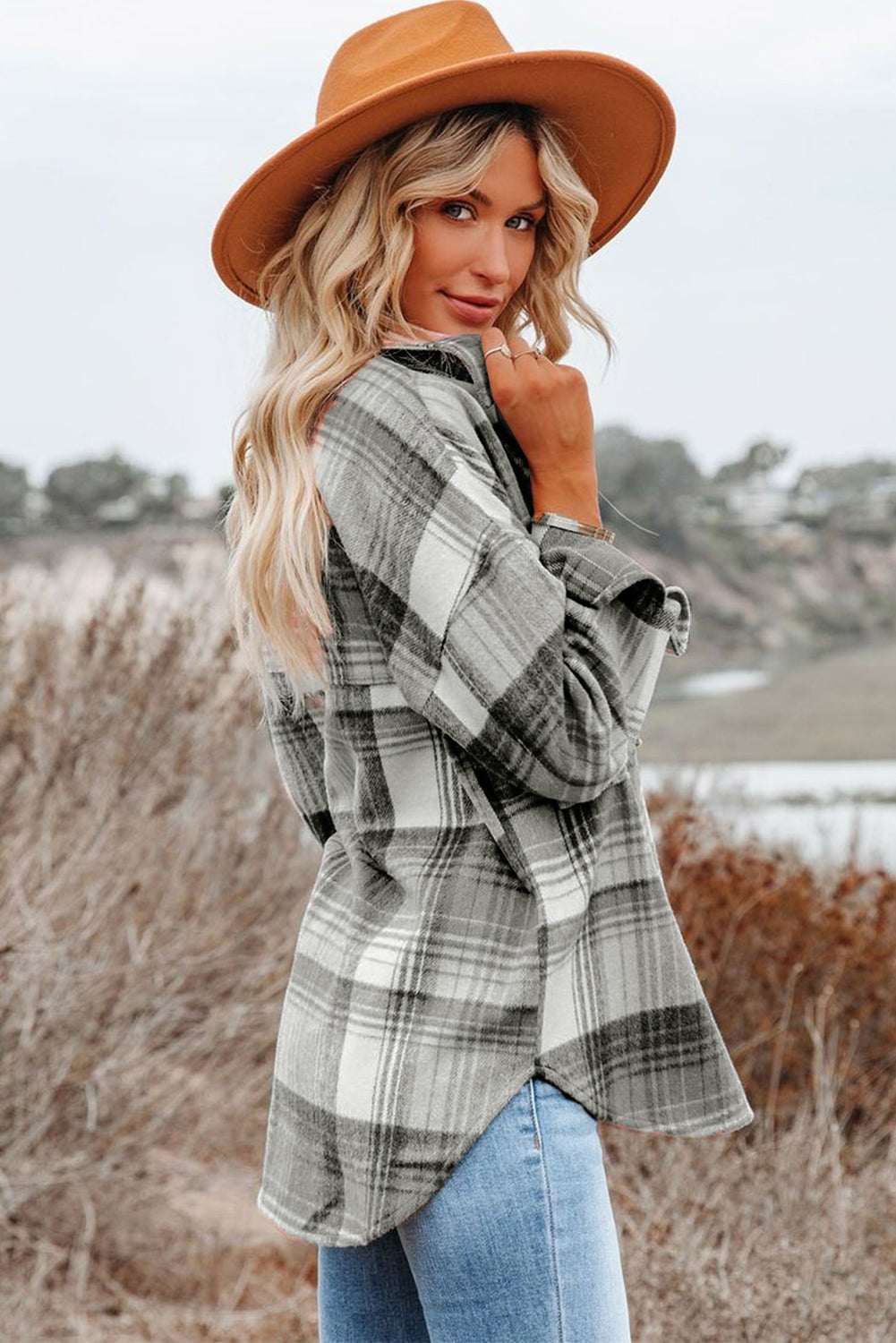 Plaid Flap Pockets Shacket | Medium Grey