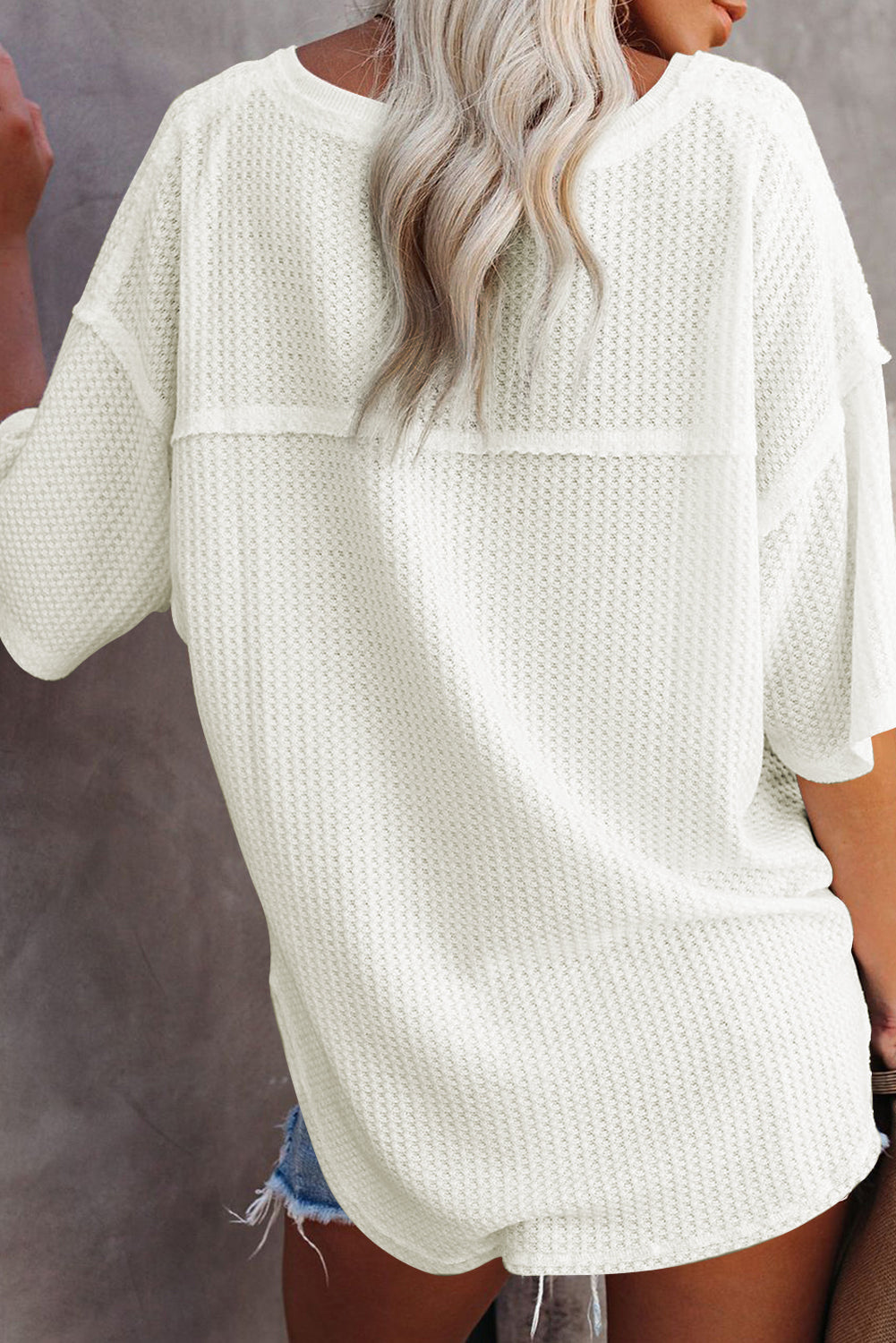 Waffle Knit Drop Shoulder Loose Top | White