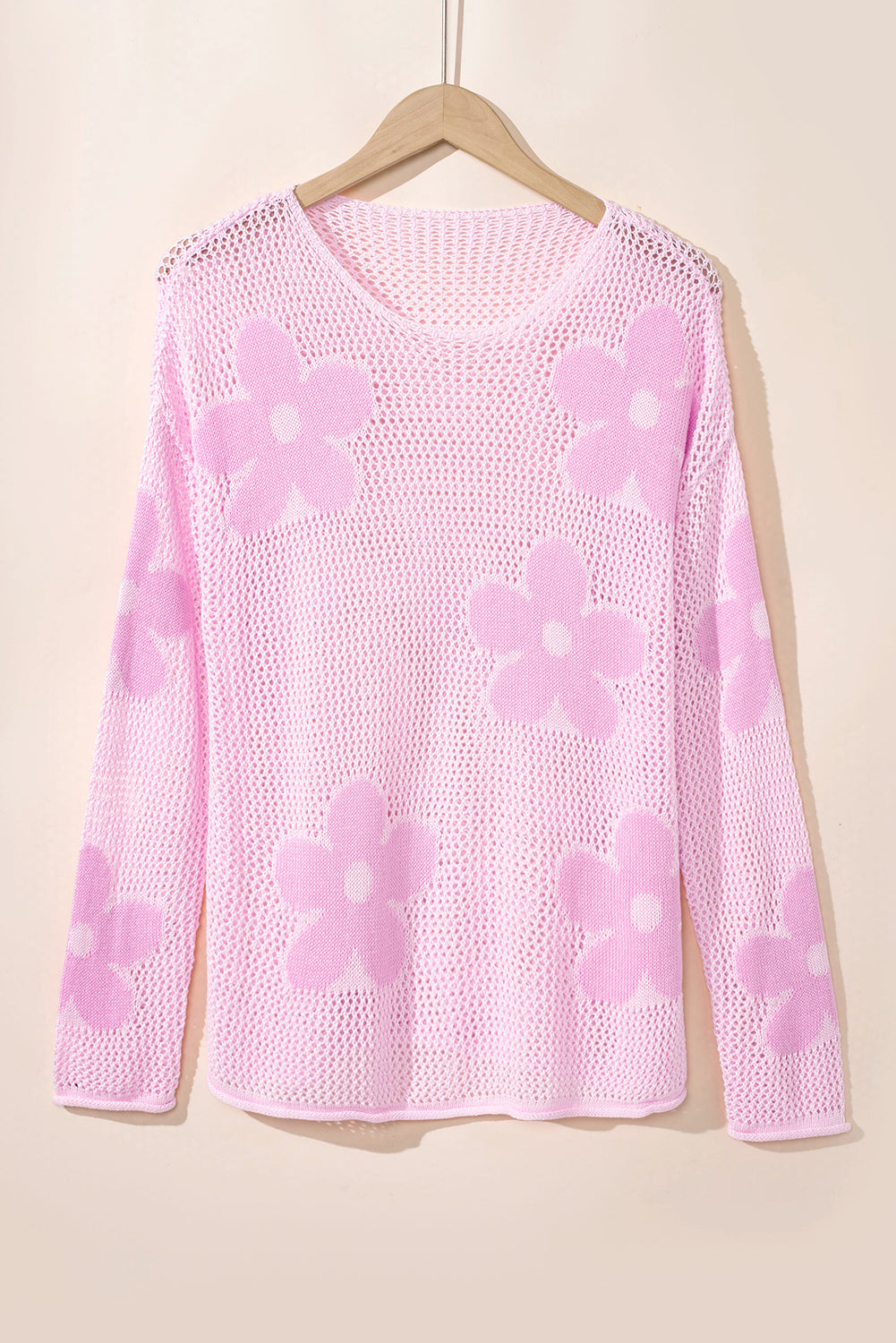 Big Flower Hollowed Knit Drop Shoulder Sweater | Light Pink