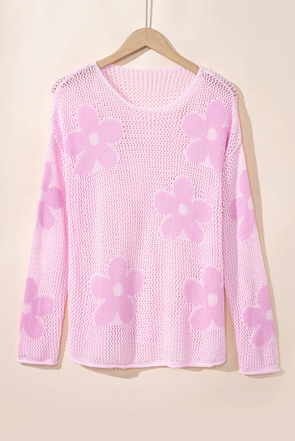 Big Flower Hollowed Knit Drop Shoulder Sweater | Light Pink