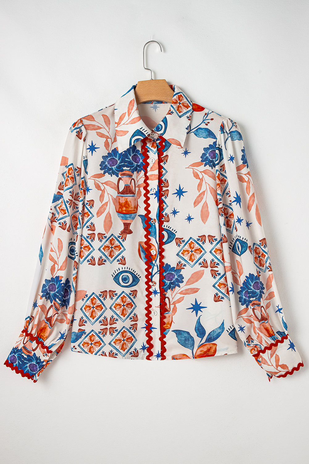 Western Printed Ric Rac Bishop Sleeve Button Up Shirt | Multicolour