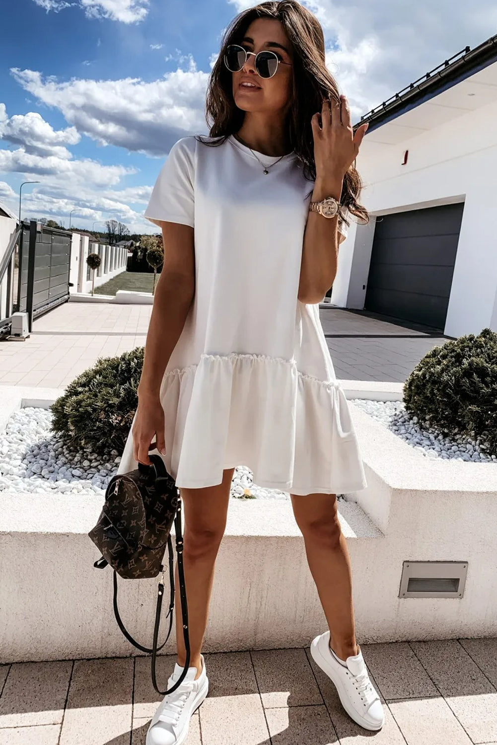 Frilly Splicing Hem Short Sleeve Casual Dress | White