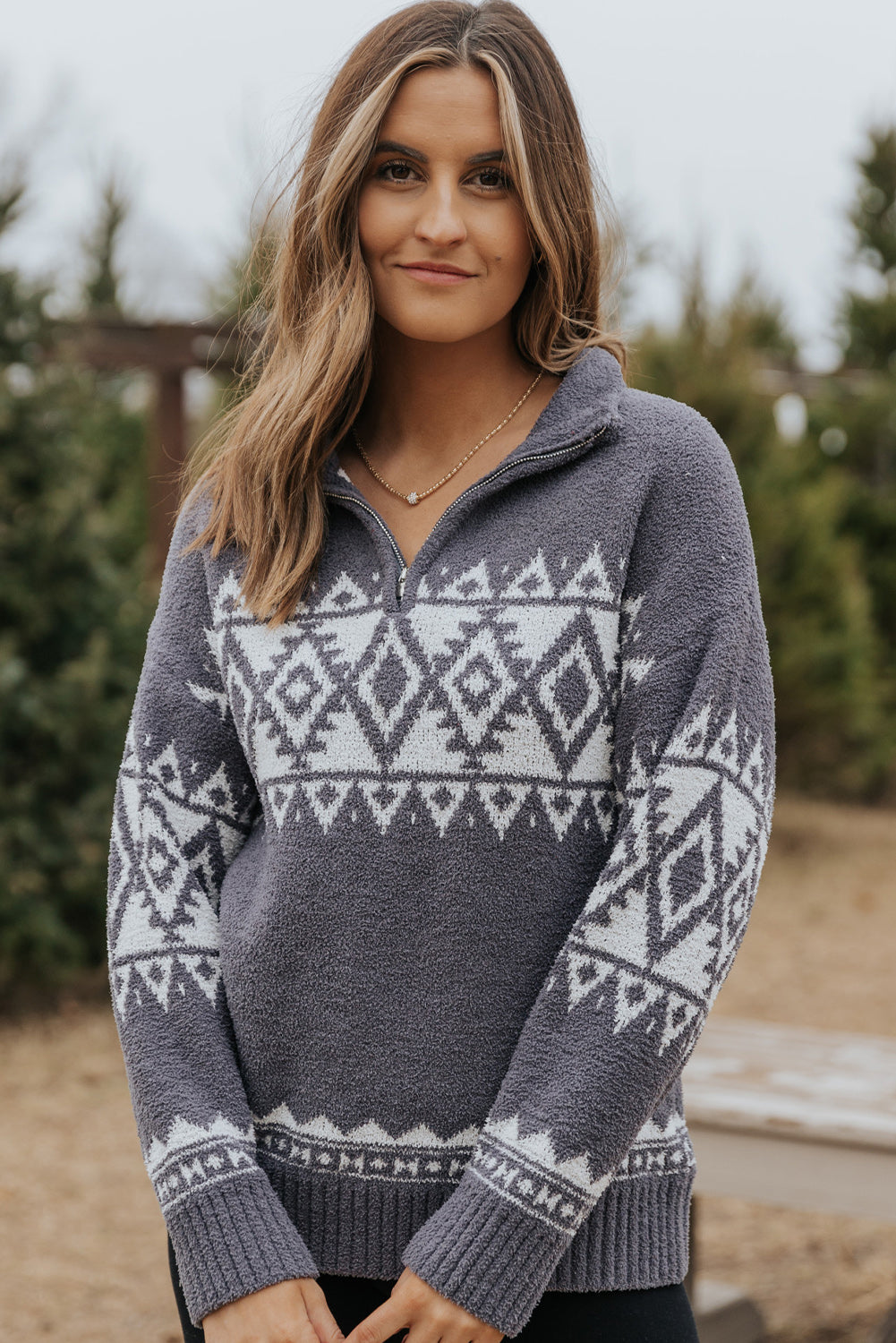 Western Geometric Printed Quarter Zip Pullover Sweater | Gray