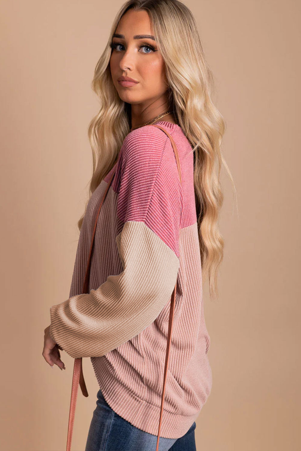 Colour Block Long Sleeve Ribbed Loose Top | Pink