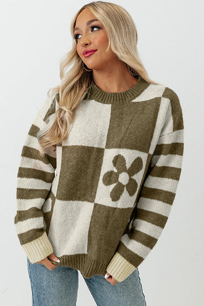 Green Checkered Floral Print Striped Sleeve Sweater | Mist Green