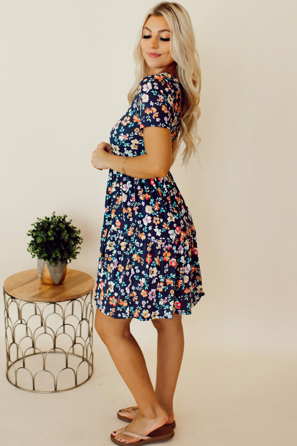 Short Sleeve A-Line Floral Dress | Blue