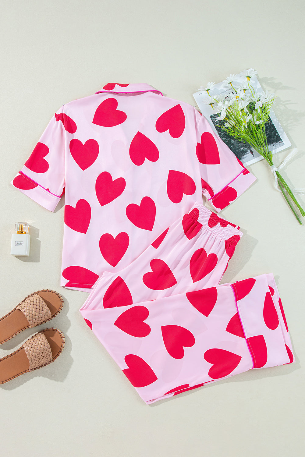 Classic Heart Valentines Short Sleeve Pants Pajamas Set | Pink