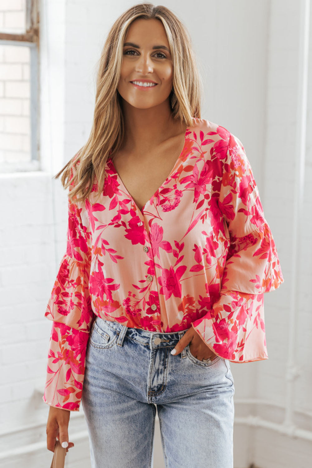 Floral Print Tiered Bell Long Sleeve Buttoned Bodysuit | Pink