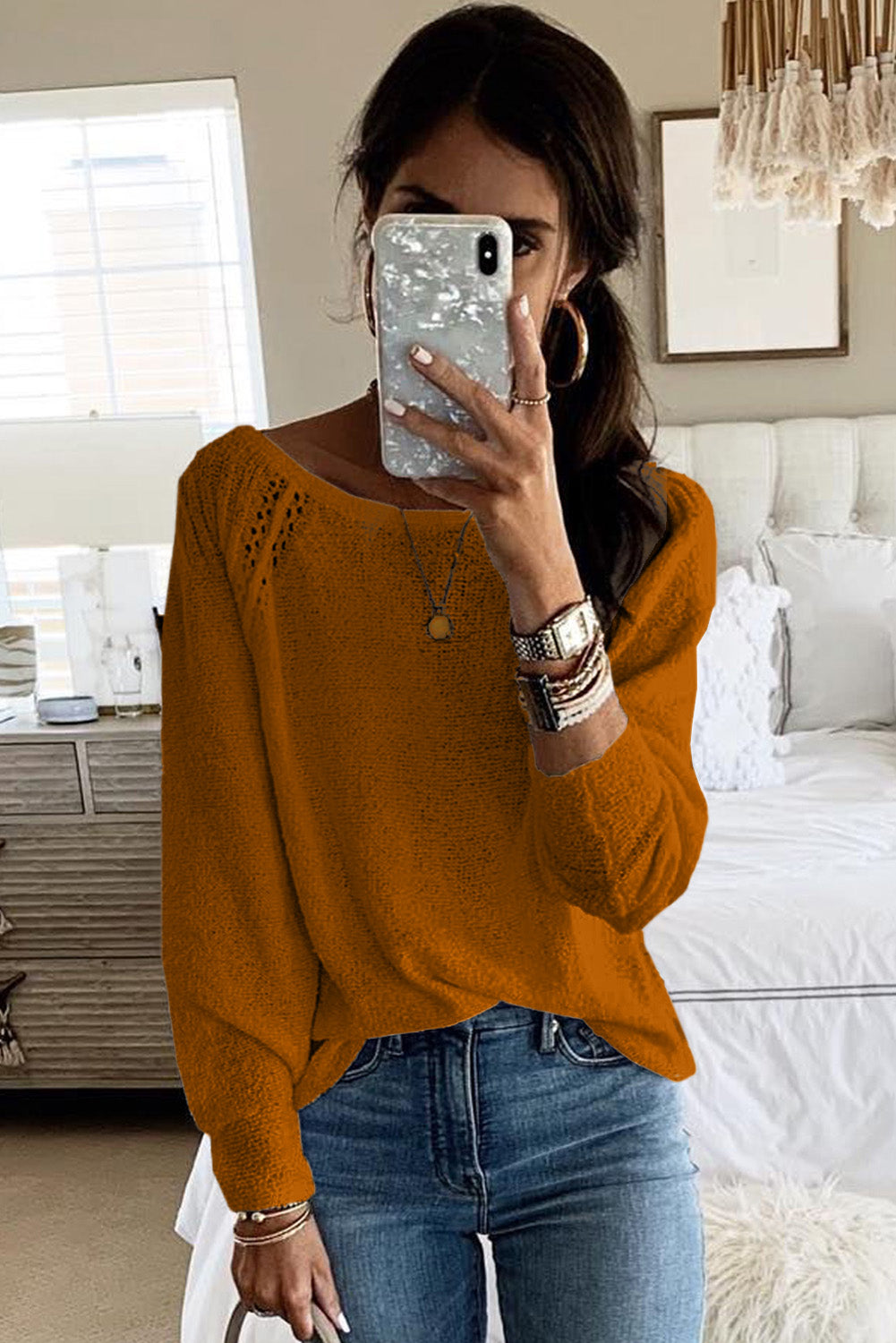 Long Sleeve Cutout Shoulder Relaxed Sweater | Brown