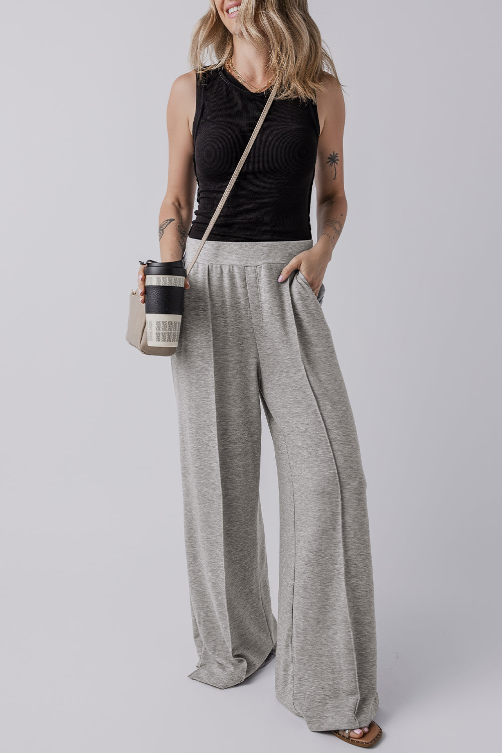 Central Seam Wide Leg High Waist Knit Casual Pants | Medium Grey