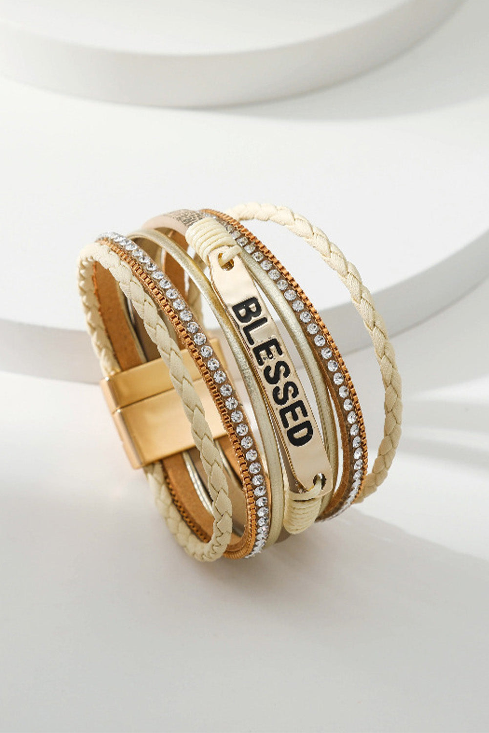 Blessed Rhinestone Braided Detail Buckle Bracelet | Beige