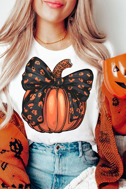 Halloween Bowknot Pumpkin Graphic Crewneck T Shirt | White