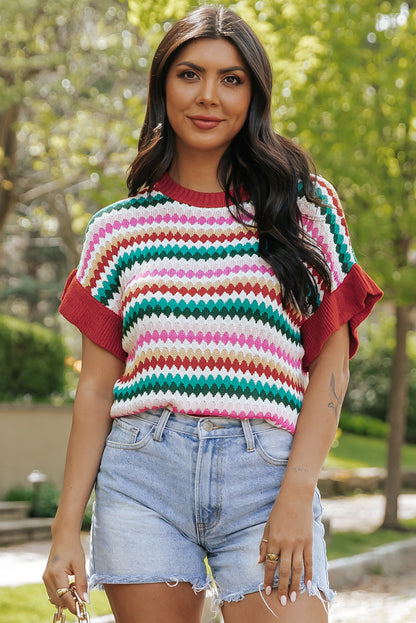 Trimmed Ruffle Sleeve Colourful Textured Sweater | Fiery Red