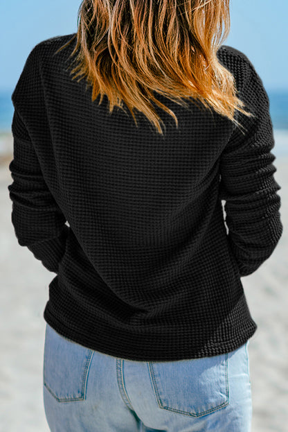 Waffle Knit Drop Shoulder Long Sleeve Top | Black