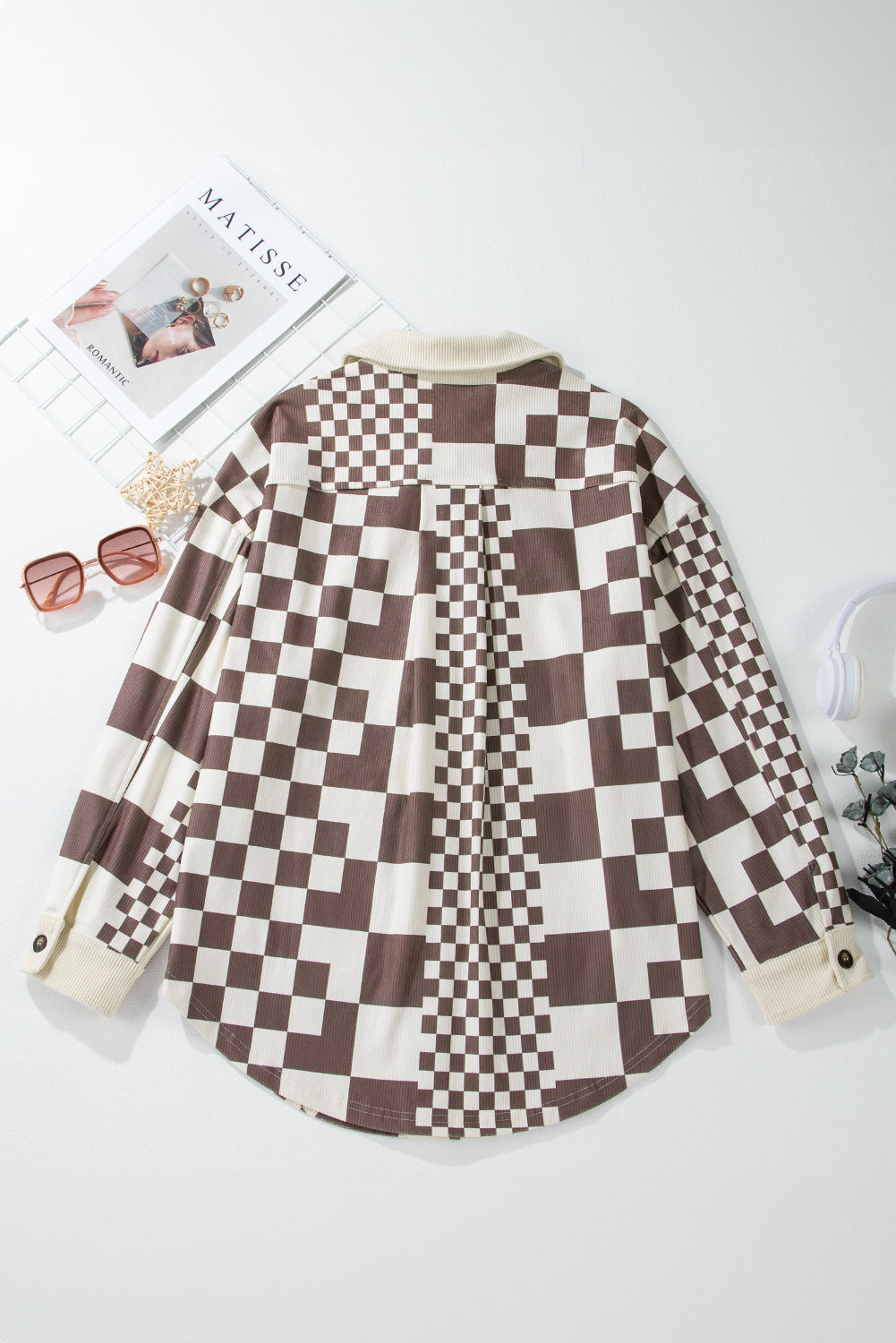 Checkered Print Patchwork Corduroy Shacket | Brown